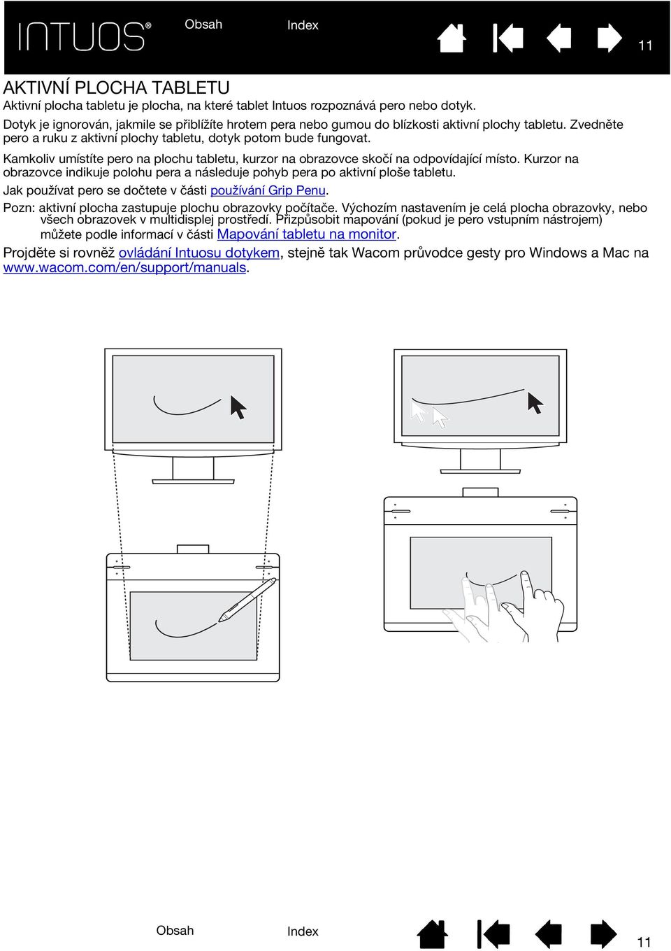 Kamkoliv umístíte pero na plochu tabletu, kurzor na obrazovce skočí na odpovídající místo. Kurzor na obrazovce indikuje polohu pera a následuje pohyb pera po aktivní ploše tabletu.