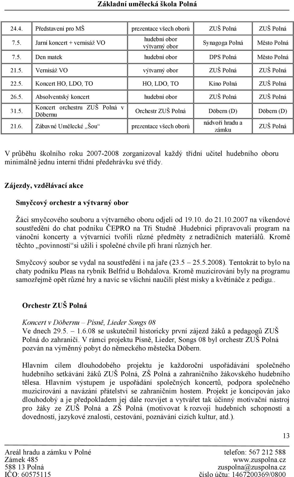 6. Zábavné Umělecké Šou prezentace všech oborů Orchestr ZUŠ Polná Döbern (D) Döbern (D) nádvoří hradu a zámku ZUŠ Polná V průběhu školního roku 2007-2008 zorganizoval každý třídní učitel hudebního