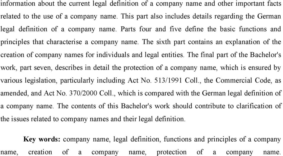 The sixth part contains an explanation of the creation of company names for individuals and legal entities.