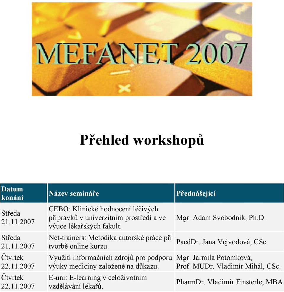 Využití informačních zdrojů pro podporu výuky medicíny založené na důkazu. E-uni: E-learning v celoživotním vzdělávání lékařů.