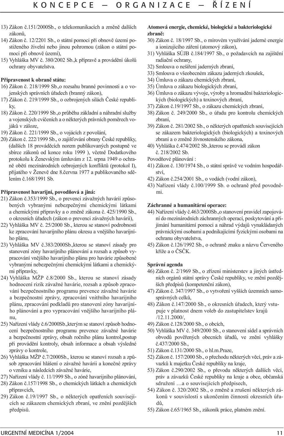 Pøipravenost k obranì státu: 16) Zákon è. 218/1999 Sb.,o rozsahu branné povinnosti a o vojenských správních úøadech (branný zákon), 17) Zákon è. 219/1999 Sb.