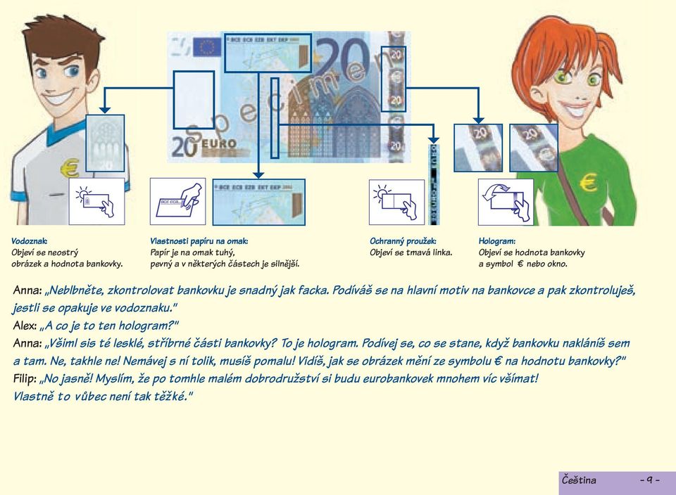 Podíváš se na hlavní motiv na bankovce a pak zkontroluješ, jestli se opakuje ve vodoznaku. Alex: A co je to ten hologram? Anna: Všiml sis té lesklé, stř íbrné části bankovky? To je hologram.
