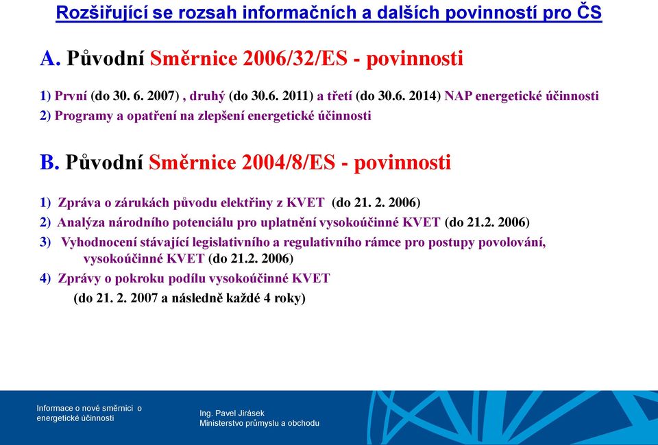 2. 2006) 3) Vyhodnocení stávající legislativního a regulativního rámce pro postupy povolování, vysokoúčinné KVET (do 21.2. 2006) 4) Zprávy o pokroku podílu vysokoúčinné KVET (do 21.