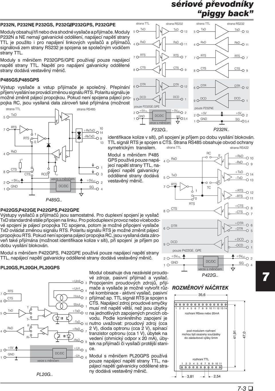 Moduly s měničem PGPS/GP používají pouze napájecí napětí strany TTL. Napětí pro napájení galvanicky oddělené strany dodává vestavěný měnič.