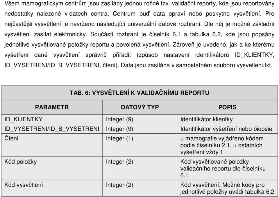 2, kde jsou popsány jednotlivé vysvětlované položky reportu a povolená vysvětlení.