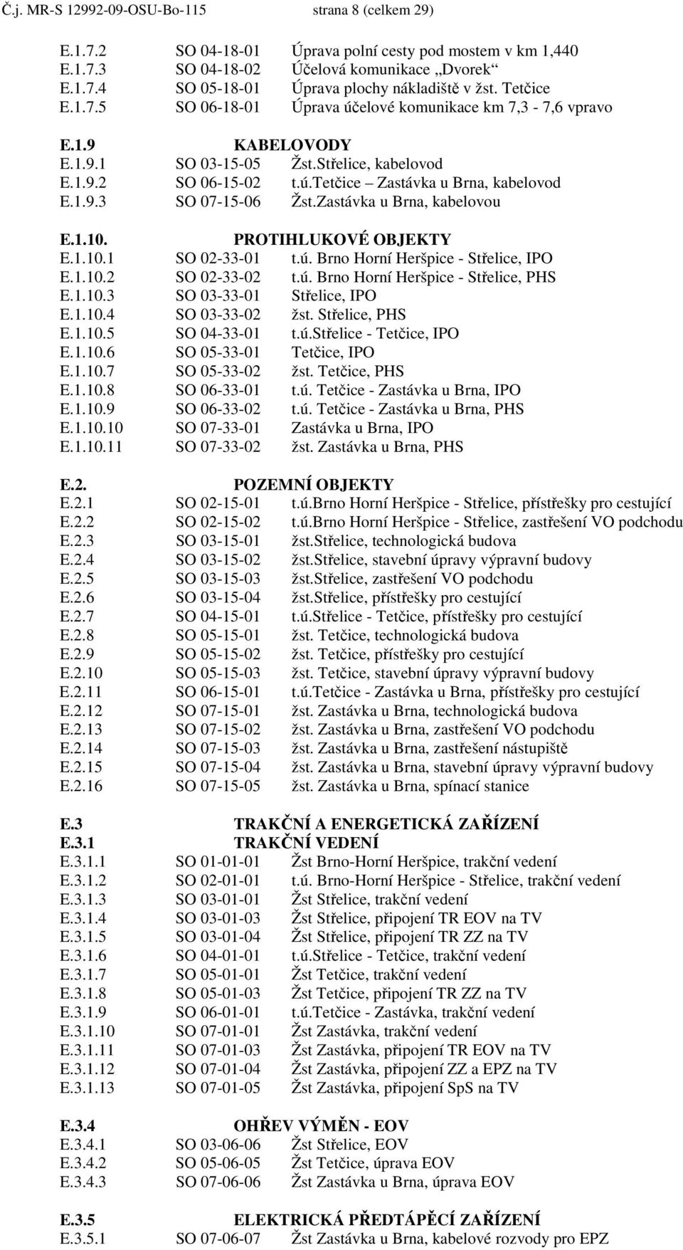 Zastávka u Brna, kabelovou E.1.10. PROTIHLUKOVÉ OBJEKTY E.1.10.1 SO 02-33-01 t.ú. Brno Horní Heršpice - Střelice, IPO E.1.10.2 SO 02-33-02 t.ú. Brno Horní Heršpice - Střelice, PHS E.1.10.3 SO 03-33-01 Střelice, IPO E.