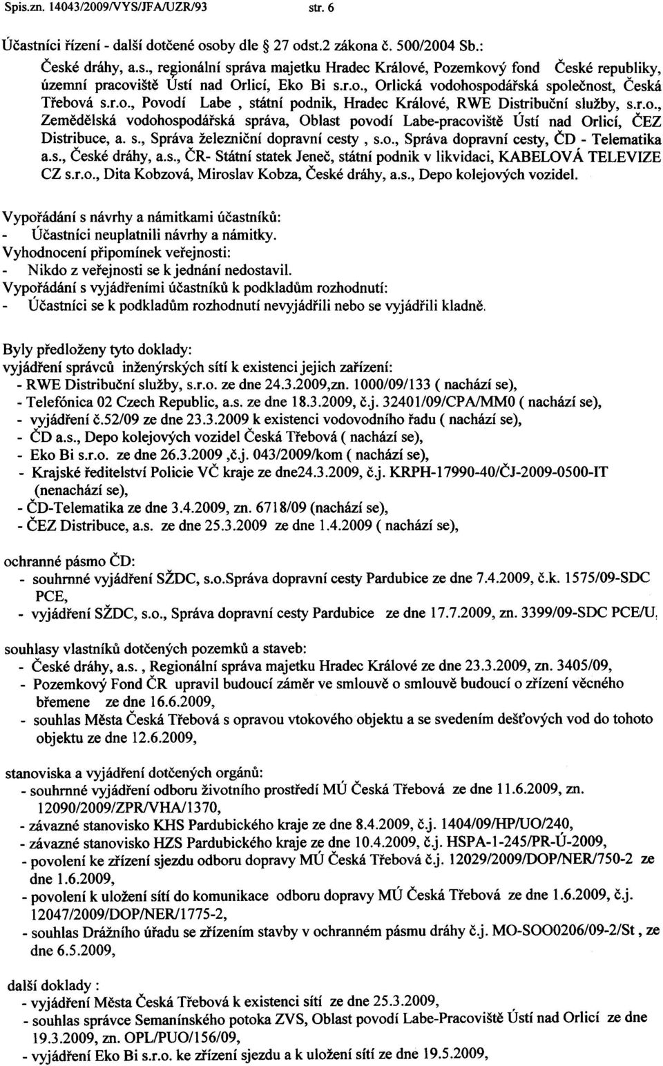 s., Správa železnièní dopravní cesty, s.o., Správa dopravní cesty, ÈD -Telematika a.s., Èeské dráhy, a.s., ÈR- Státní statek Jeneè, státní podnik v likvidaci, KABELOVÁ TELEVIZE CZ s.r.o., Dita Kobzová, Miroslav Kobza, Èeské dráhy, a.