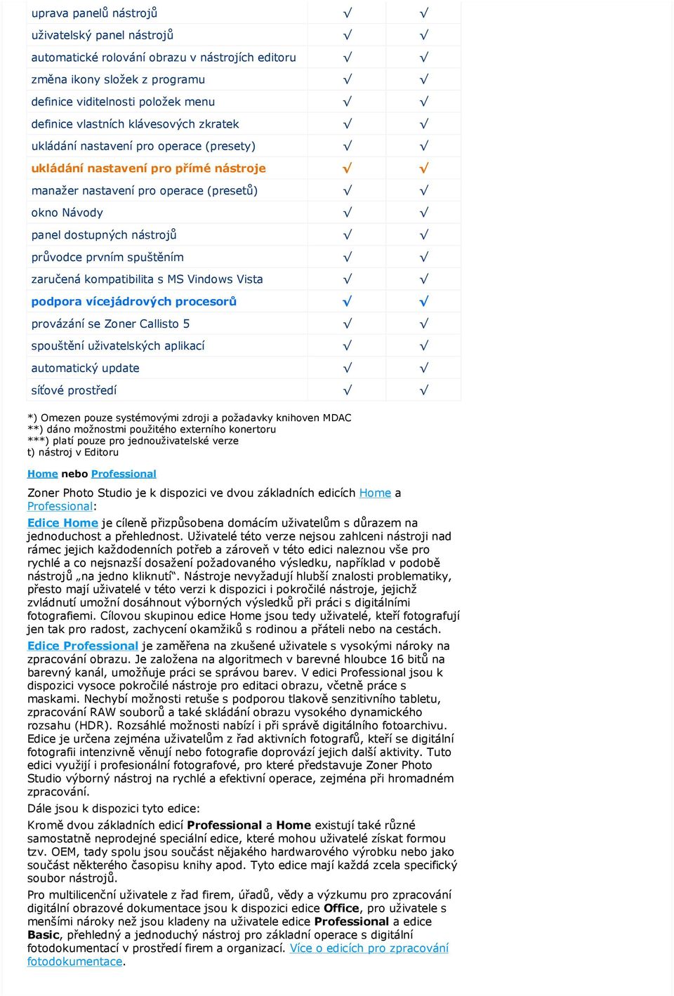 kompatibilita s MS Vindows Vista podpora vícejádrových procesorů provázání se Zoner Callisto 5 spouštění uživatelských aplikací automatický update síťové prostředí *) Omezen pouze systémovými zdroji