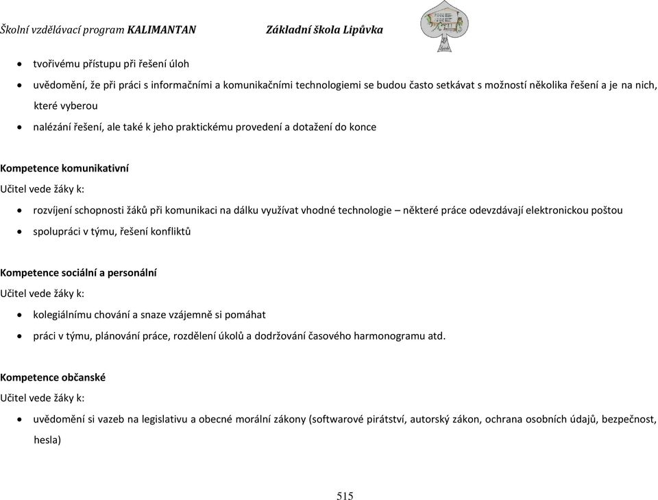 odevzdávají elektronickou poštou spolupráci v týmu, řešení konfliktů Kompetence sociální a personální Učitel vede žáky k: kolegiálnímu chování a snaze vzájemně si pomáhat práci v týmu, plánování