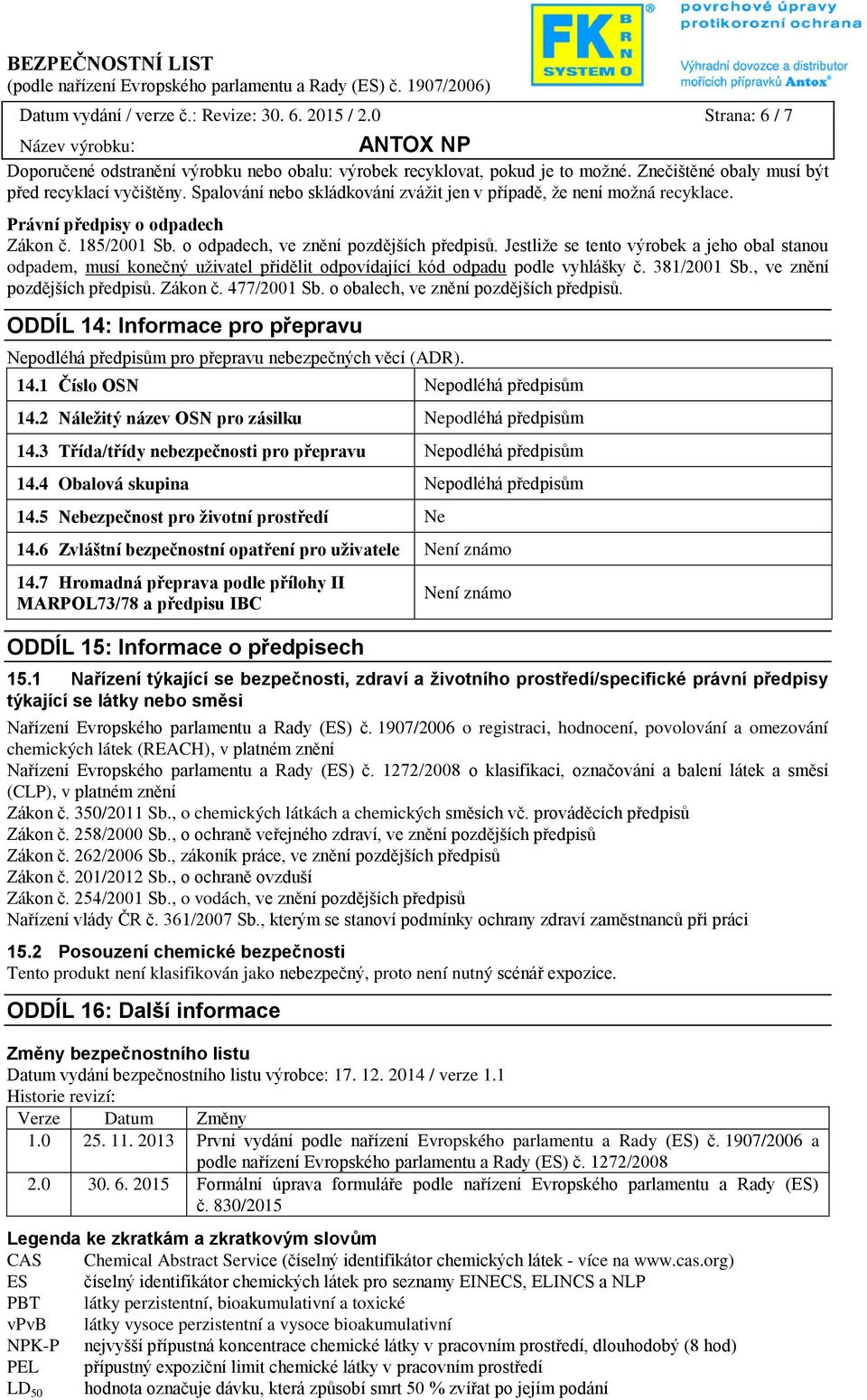 Jestliže se tento výrobek a jeho obal stanou odpadem, musí konečný uživatel přidělit odpovídající kód odpadu podle vyhlášky č. 381/2001 Sb., ve znění pozdějších předpisů. Zákon č. 477/2001 Sb.