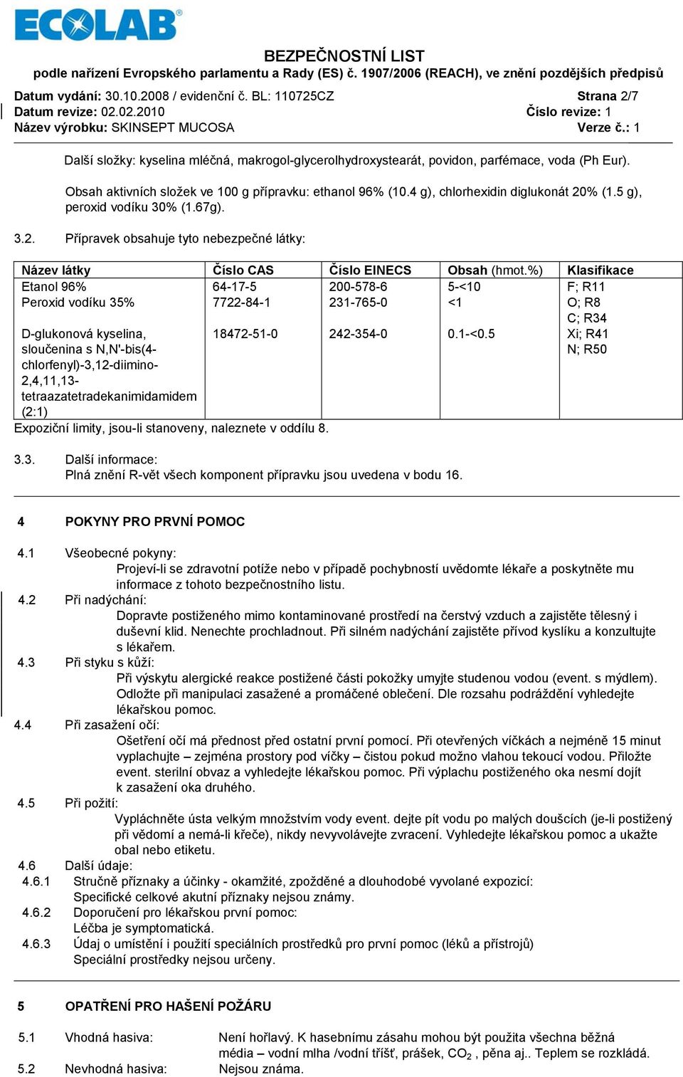 %) Klasifikace Etanol 96% 64-17-5 200-578-6 5-<10 F; R11 Peroxid vodíku 35% 7722-84-1 231-765-0 <1 O; R8 C; R34 D-glukonová kyselina, sloučenina s N,N'-bis(4- chlorfenyl)-3,12-diimino- 2,4,11,13-