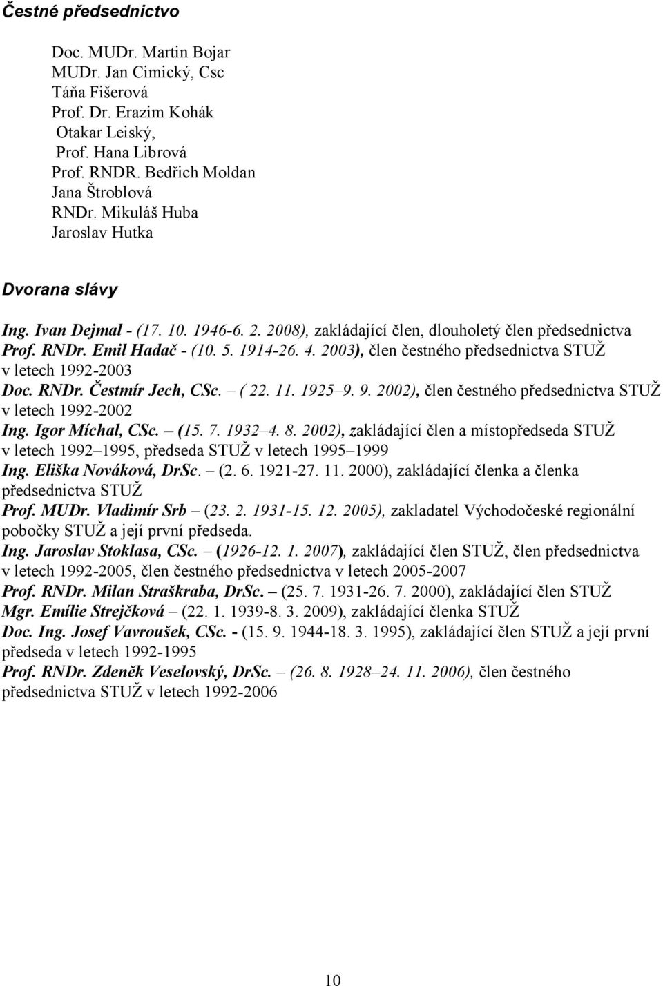 2003), člen čestného předsednictva STUŢ v letech 1992-2003 Doc. RNDr. Čestmír Jech, CSc. ( 22. 11. 1925 9. 9. 2002), člen čestného předsednictva STUŢ v letech 1992-2002 Ing. Igor Míchal, CSc. (15. 7.