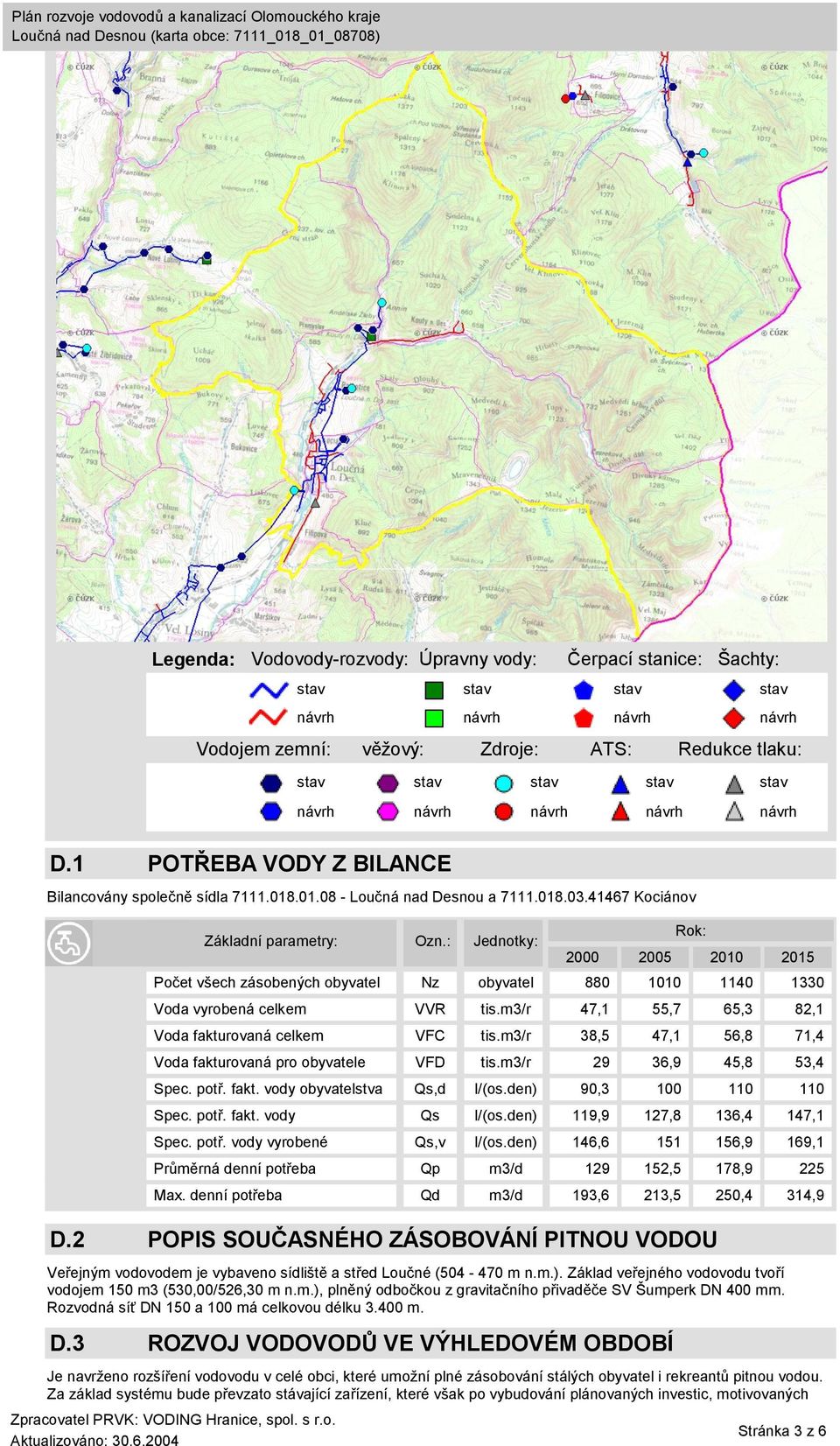 2 POPIS SOUČASNÉHO ZÁSOBOVÁNÍ PITNOU VODOU Veřejným vodovodem je vybaveno sídliště a střed Loučné (504-470 m n.m.). Základ veřejného vodovodu tvoří vodojem 150 m3 (530,00/526,30 m n.m.), plněný odbočkou z gravitačního přivaděče SV Šumperk DN 400 mm.