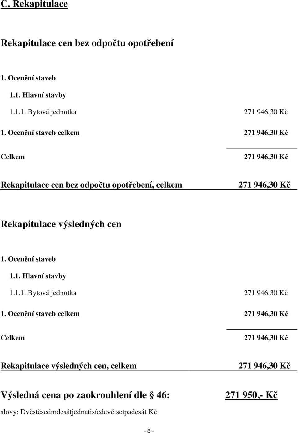 cen 1. Ocenění staveb 1.1. Hlavní stavby 1.1.1. Bytová jednotka 271 946,30 Kč 1.