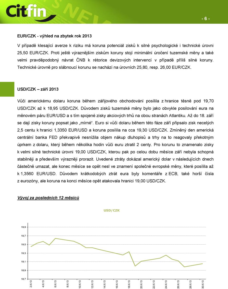 Technické úrovně pro slábnoucí korunu se nachází na úrovních 25,80, resp. 26,00 EUR/CZK.