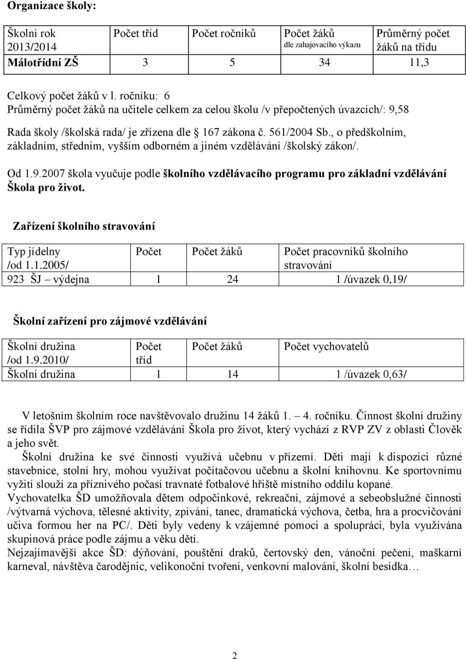 , o předškolním, základním, středním, vyšším odborném a jiném vzdělávání /školský zákon/. Od 1.9.2007 škola vyučuje podle školního vzdělávacího programu pro základní vzdělávání Škola pro život.