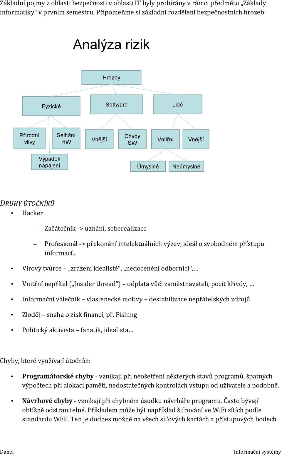 ÚTOČNÍKŮ Hacker Začátečník -> uznání, seberealizace Profesionál -> překonání intelektuálních výzev, ideál o svobodném přístupu informací.