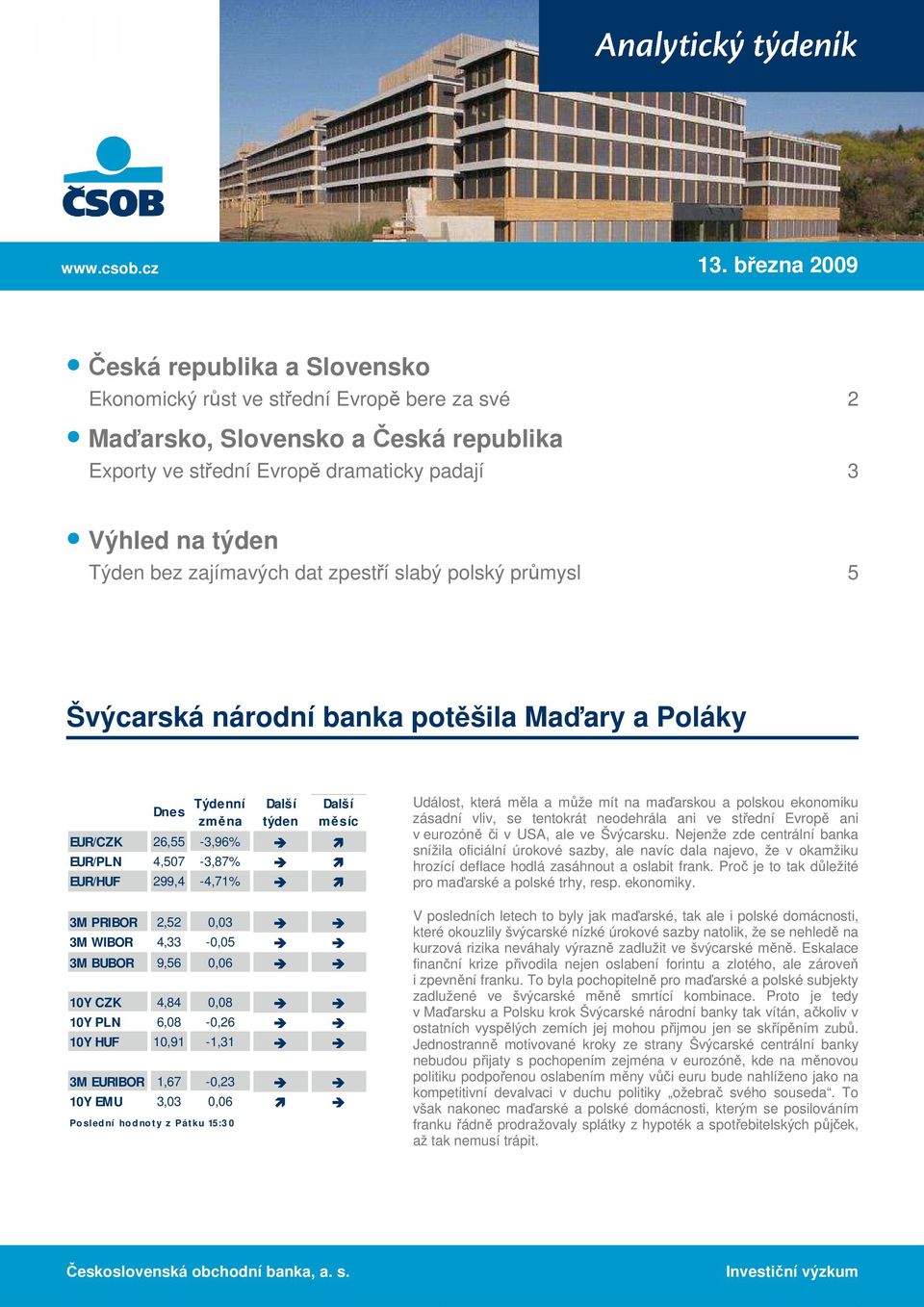 zajímavých dat zpestří slabý polský průmysl 5 Švýcarská národní banka potěšila Maďary a Poláky Dnes Týdenní změna Další týden Další měsíc EUR/CZK 26,55-3,96% EUR/PLN 4,507-3,87% EUR/HUF 299,4-4,71%