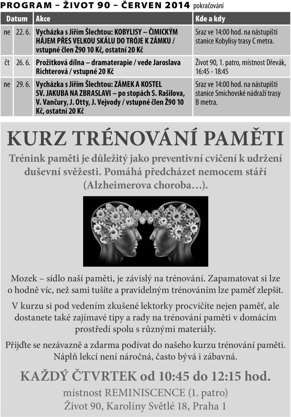 Prožitková dílna dramaterapie / vede Jaroslava Richterová / vstupné 20 Kč ne 29. 6. Vycházka s Jiřím Šlechtou: ZÁMEK A KOSTEL SV. JAKUBA NA ZBRASLAVI po stopách S. Rašilova, V. Vančury, J. Otty, J.