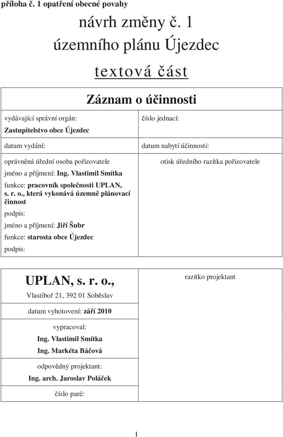 příjmení: Ing. Vlastimil Smítka funkce: pracovník společnosti UPLAN, s. r. o.