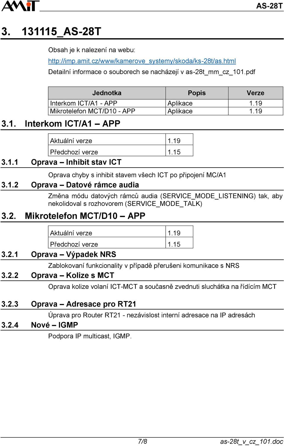 1.2 Oprava Datové rámce audia Změna módu datových rámců audia (SERVICE_MODE_LISTENING) tak, aby nekolidoval s rozhovorem (SERVICE_MODE_TALK) 3.2. Mikrotelefon MCT/D10 APP Aktuální verze 1.