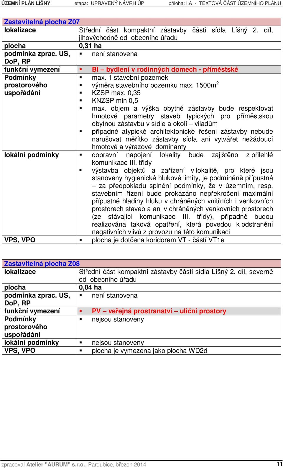 1 stavební pozemek prostorového výměra stavebního pozemku max. 1500m 2 uspořádání KZSP max. 0,35 KNZSP min 0,5 max.