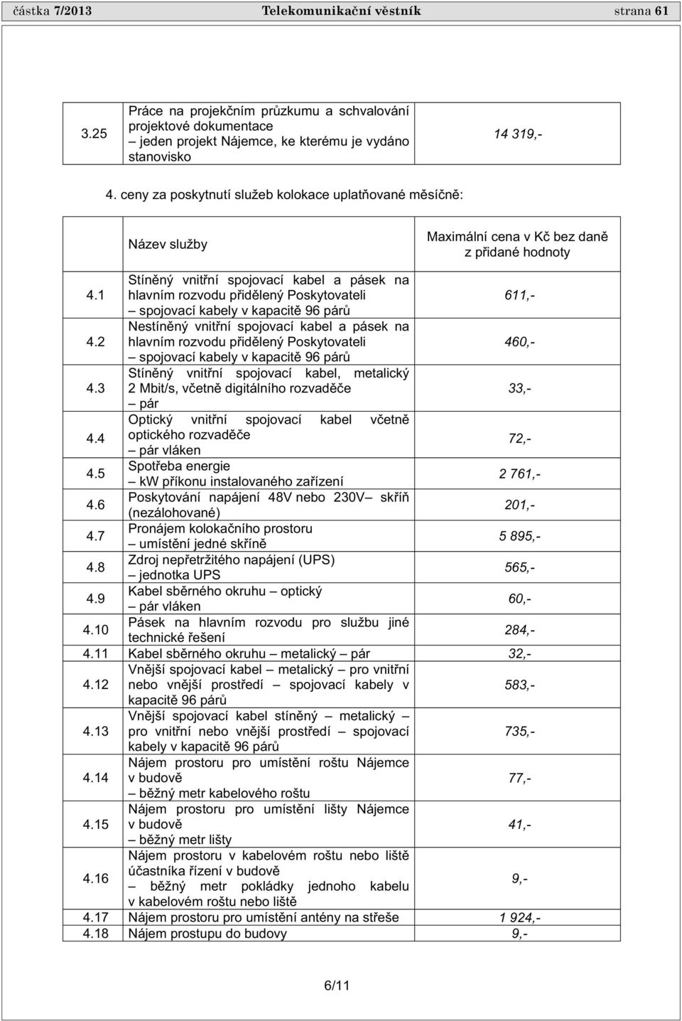 1 Stín ný vnit ní spojovací kabel a pásek na hlavním rozvodu p id lený Poskytovateli 611,- spojovací kabely v kapacit 96 pár 4.