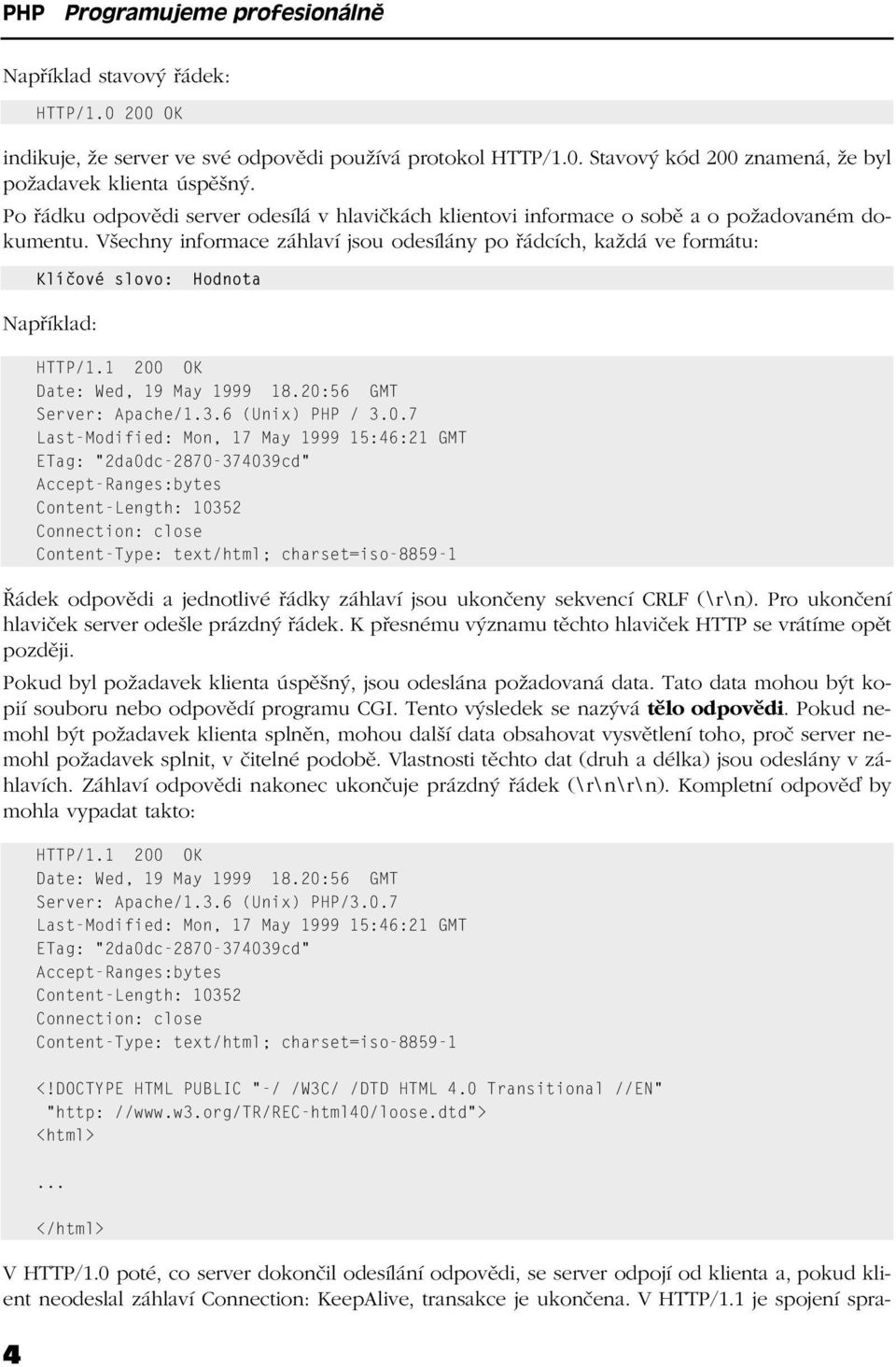 Všechny informace záhlaví jsou odesílány po řádcích, každá ve formátu: Klíčové slovo: Hodnota Například: HTTP/1.1 200