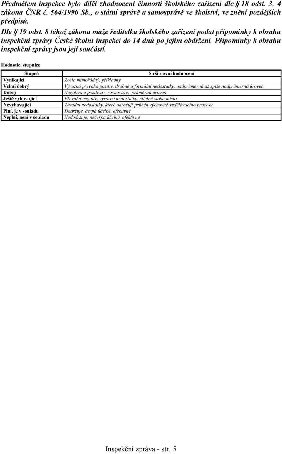 Hodnotící stupnice Stupeň Vynikající Velmi dobrý Dobrý Ještě vyhovující Nevyhovující Plní, je v souladu Neplní, není v souladu Širší slovní hodnocení Zcela mimořádný, příkladný Výrazná převaha
