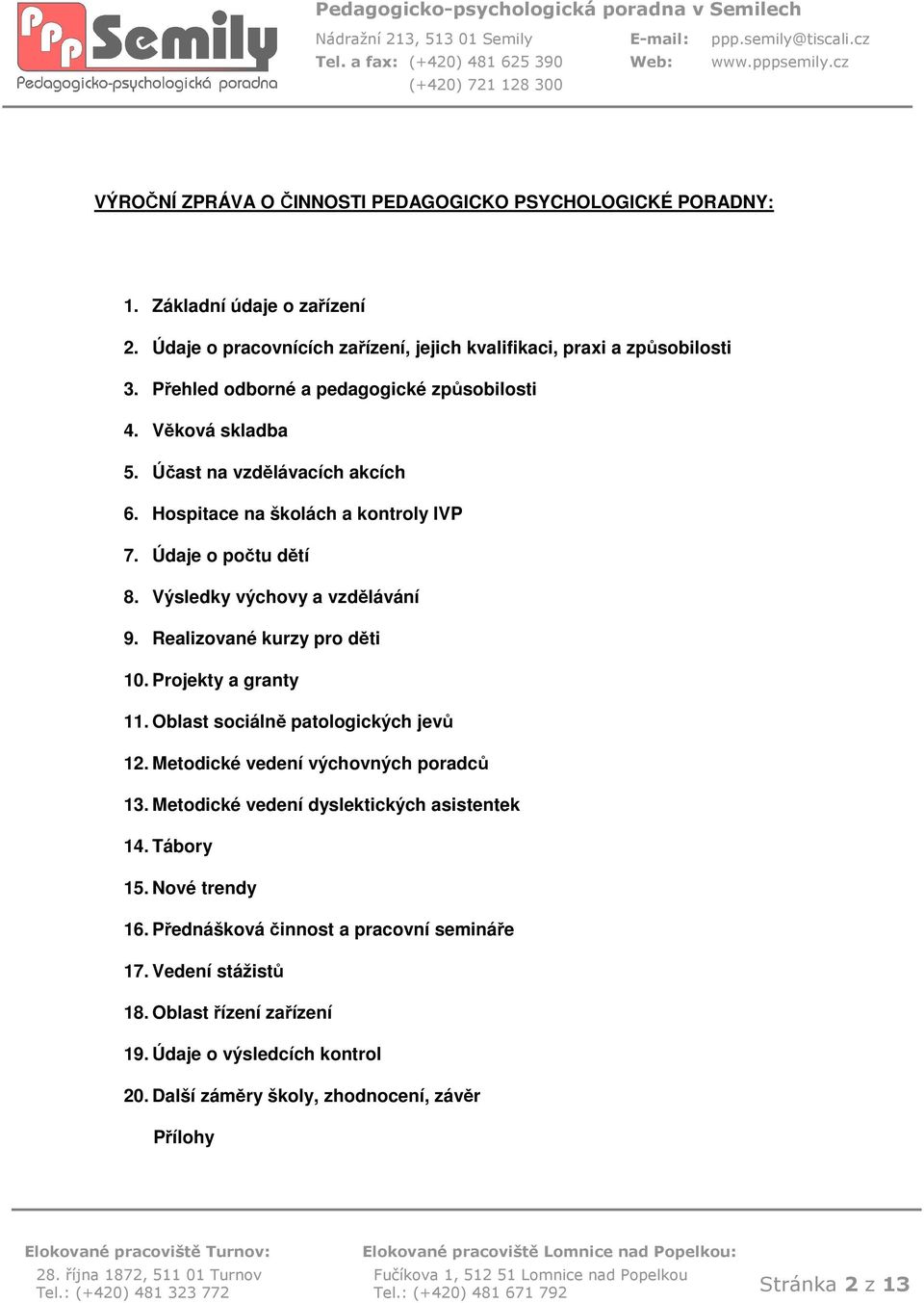 Realizvané kurzy pr děti 10. Prjekty a granty 11. Oblast sciálně patlgických jevů 12. Metdické vedení výchvných pradců 13. Metdické vedení dyslektických asistentek 14.