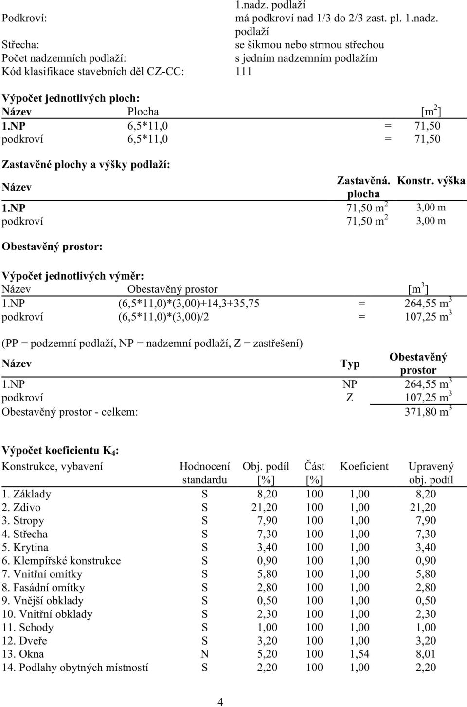 podlaží St echa: se šikmou nebo strmou st echou Po et nadzemních podlaží: s jedním nadzemním podlažím Kód klasifikace stavebních d l CZ-CC: 111 Výpo et jednotlivých ploch: Název Plocha [m 2 ] 1.