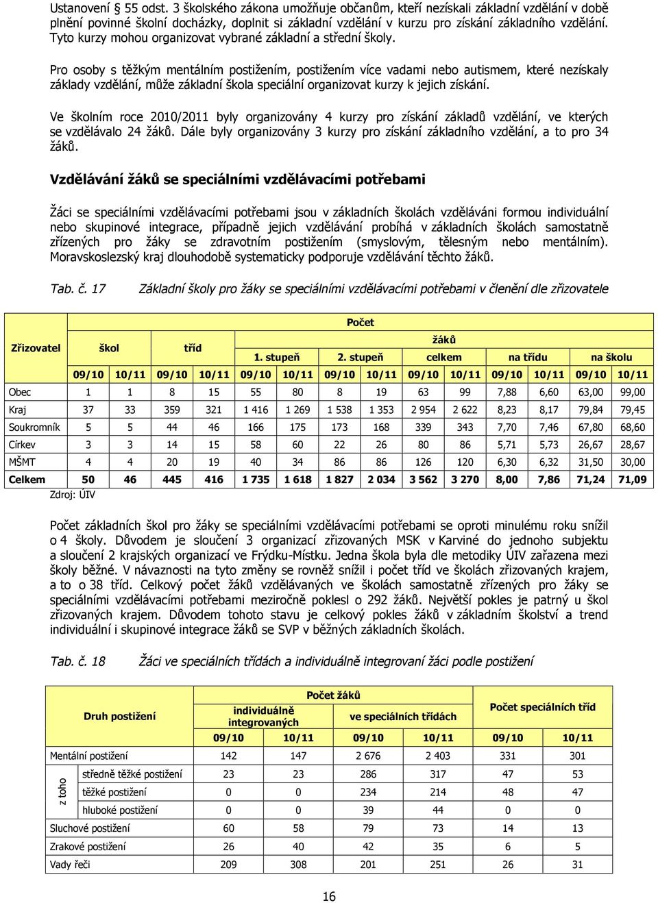 Pro osoby s těžkým mentálním postižením, postižením více vadami nebo autismem, které nezískaly základy vzdělání, může základní škola speciální organizovat kurzy k jejich získání.