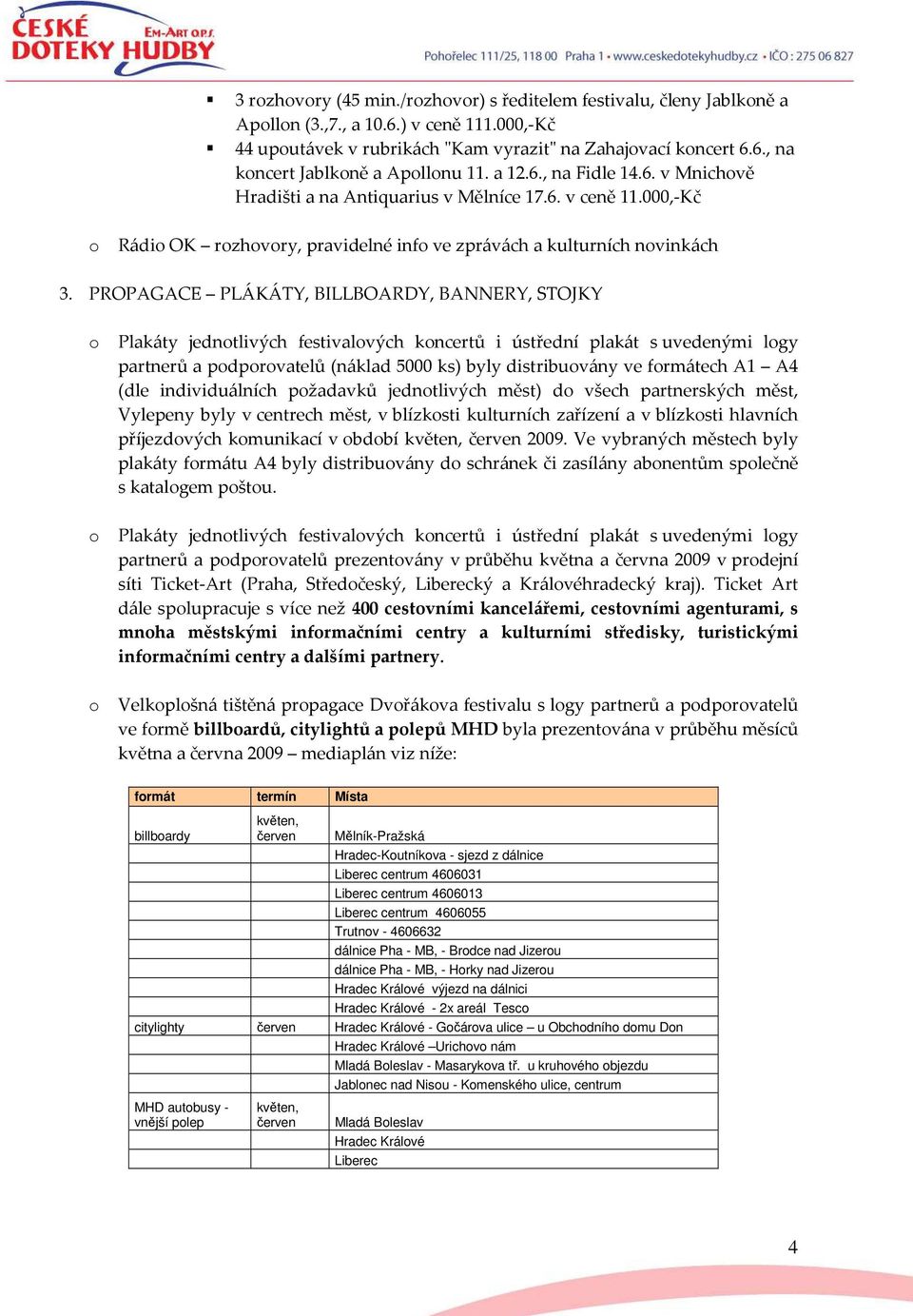 PROPAGACE PLÁKÁTY, BILLBOARDY, BANNERY, STOJKY Plakáty jedntlivých festivalvých kncertů i ústřední plakát s uvedenými lgy partnerů a pdprvatelů (náklad 5000 ks) byly distribuvány ve frmátech A1 A4