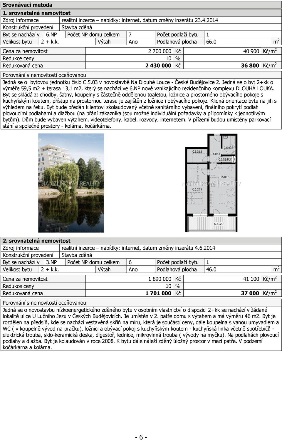 0 m 2 Cena za nemovitost 2 700 000 Kč 40 900 Kč/m 2 Redukce ceny 10 % Redukovaná cena 2 430 000 Kč 36 800 Kč/m 2 Porovnání s nemovitostí oceňovanou Jedná se o bytovou jednotku číslo C.5.