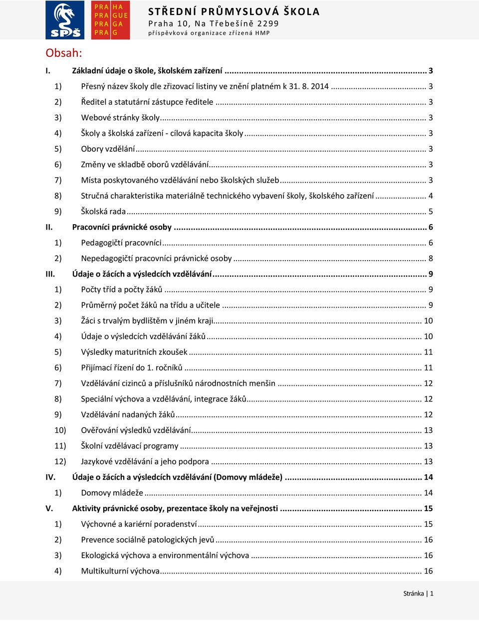 .. 3 7) Místa poskytovaného vzdělávání nebo školských služeb... 3 8) Stručná charakteristika materiálně technického vybavení školy, školského zařízení... 4 9) Školská rada... 5 II.