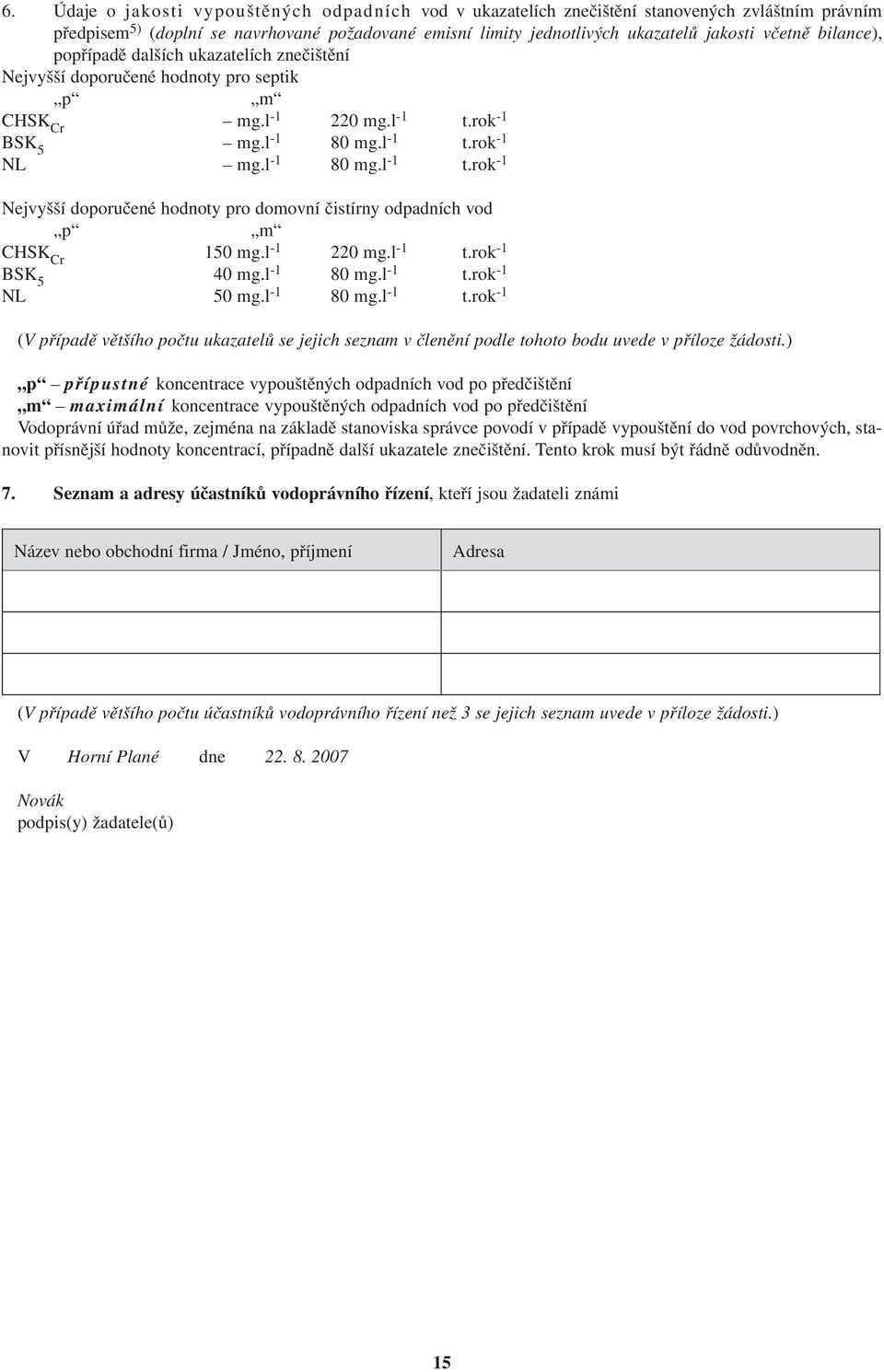 rok -1 BSK 5 mg.l -1 80 mg.l -1 t.rok -1 NL mg.l -1 80 mg.l -1 t.rok -1 Nejvyšší doporučené hodnoty pro domovní čistírny odpadních vod p m CHSK Cr 150 mg.l -1 220 mg.l -1 t.rok -1 BSK 5 40 mg.
