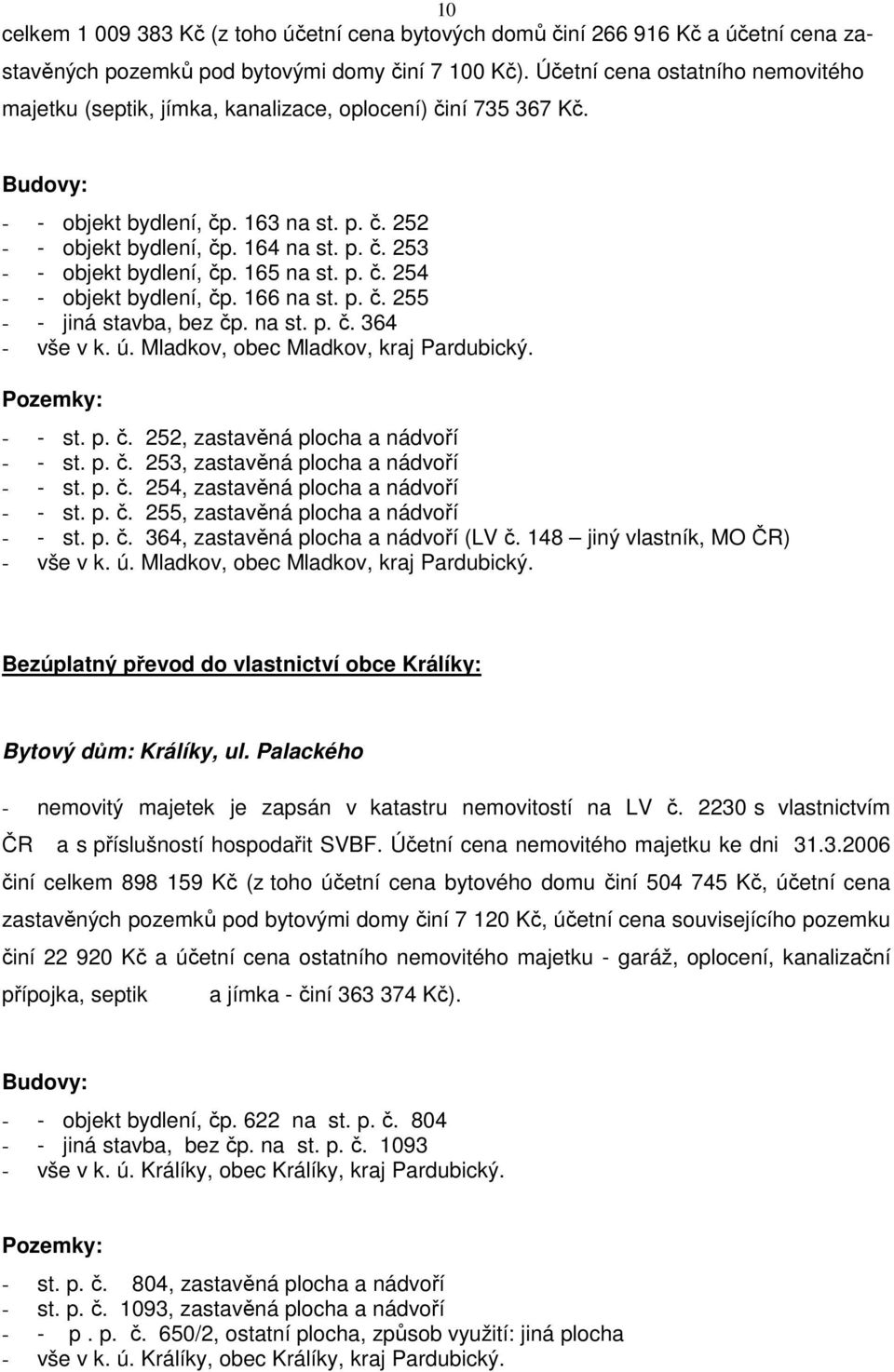 165 na st. p. č. 254 - - objekt bydlení, čp. 166 na st. p. č. 255 - - jiná stavba, bez čp. na st. p. č. 364 - vše v k. ú. Mladkov, obec Mladkov, kraj Pardubický. - - st. p. č. 252, zastavěná plocha a nádvoří - - st.