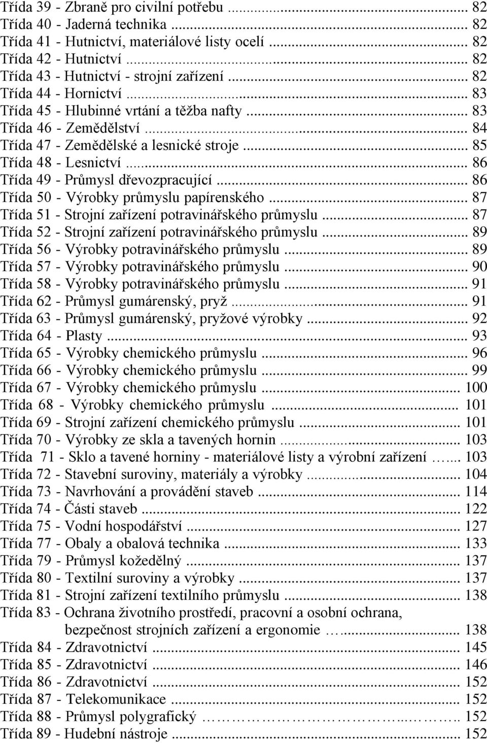 .. 86 Třída 49 - Průmysl dřevozpracující... 86 Třída 50 - Výrobky průmyslu papírenského... 87 Třída 51 - Strojní zařízení potravinářského průmyslu.