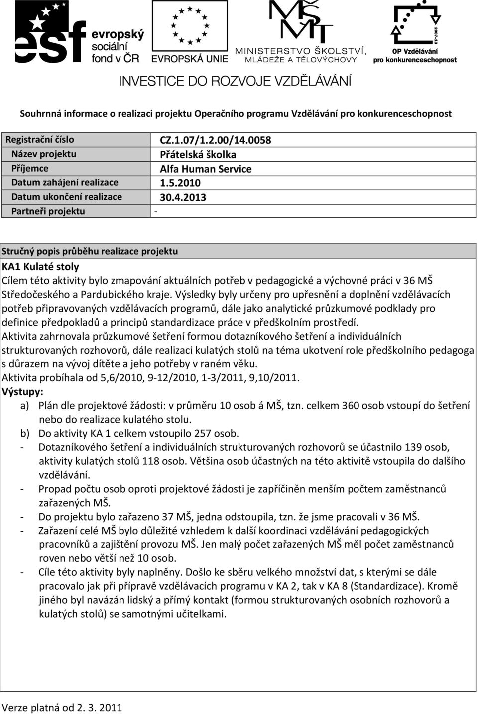 2013 Partneři projektu - Stručný popis průběhu realizace projektu KA1 Kulaté stoly Cílem této aktivity bylo zmapování aktuálních potřeb v pedagogické a výchovné práci v 36 MŠ Středočeského a