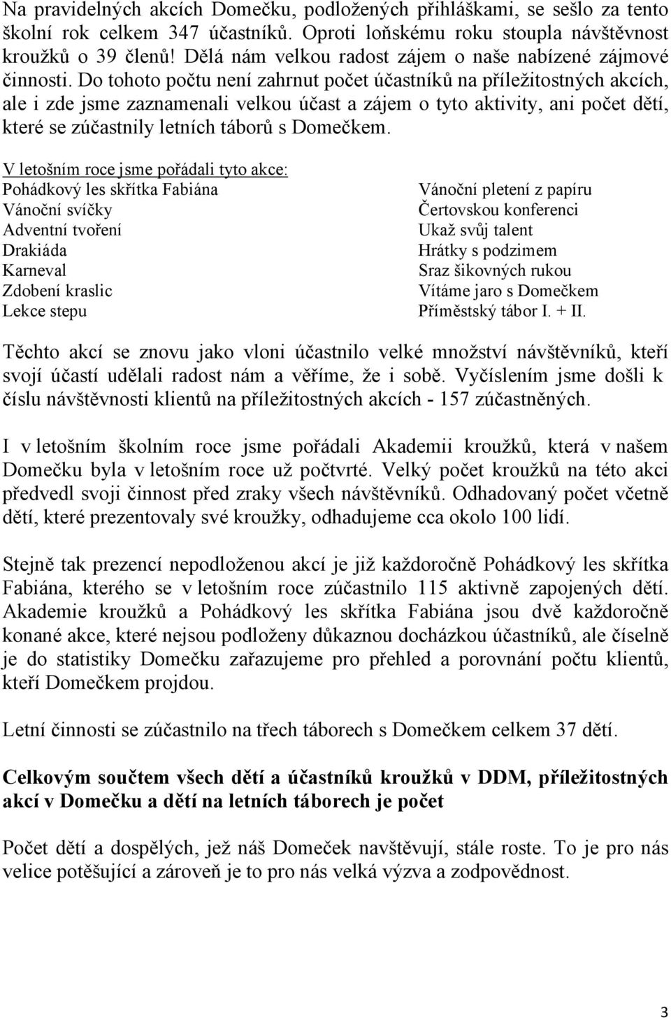 Do tohoto počtu není zahrnut počet účastníků na příležitostných akcích, ale i zde jsme zaznamenali velkou účast a zájem o tyto aktivity, ani počet dětí, které se zúčastnily letních táborů s Domečkem.