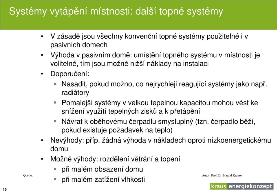 radiátory Pomalejší systémy v velkou tepelnou kapacitou mohou vést ke snížení využití tepelných zisků a k přetápění Návrat k oběhovému čerpadlu smysluplný (tzn.