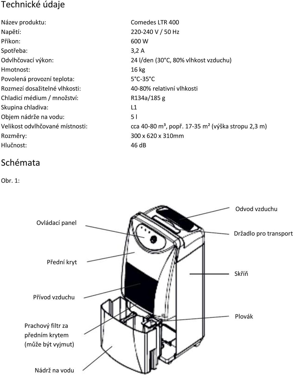chladiva: L1 Objem nádrže na vodu: 5 l Velikost odvlhčované místnosti: cca 40-80 m³, popř.