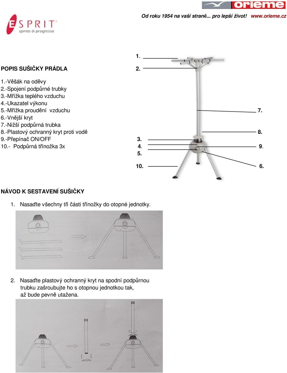 -Pepína ON/OFF 3. 10.- Podprná tínožka 3x 4. 9. 5. 1. 10. 6. NÁVOD K SESTAVENÍ SUŠIKY 1.