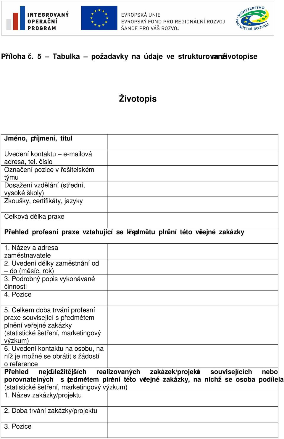 zakázky 1. Název a adresa zaměstnavatele 2. Uvedení délky zaměstnání od do (měsíc, rok) 3. Podrobný popis vykonávané činnosti 4. Pozice 5.