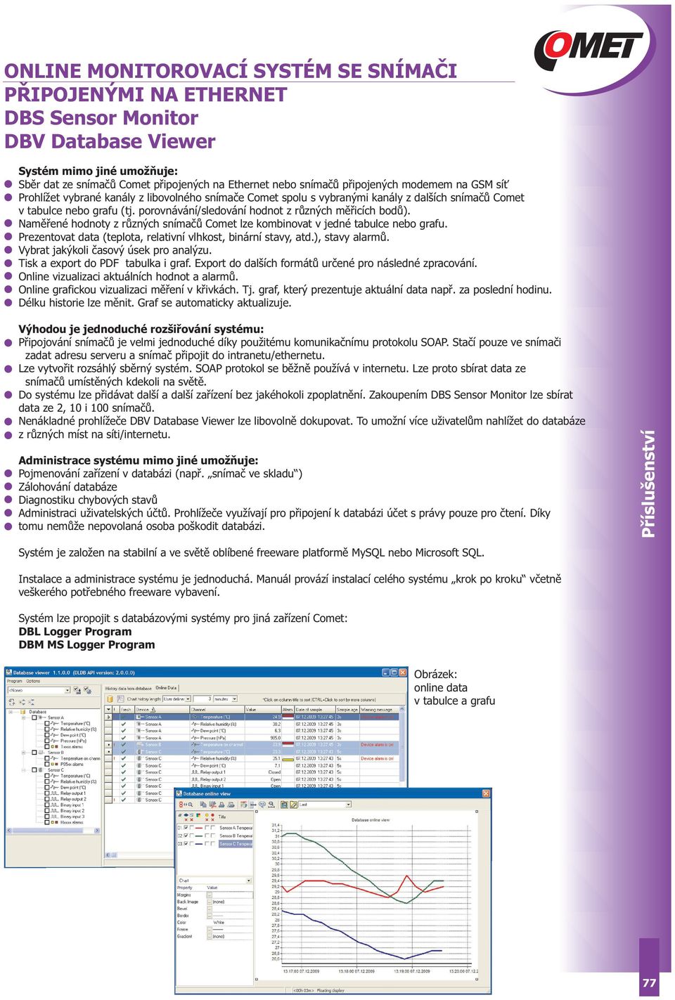 Naměřené hodnoty z různých snímačů Comet lze kombinovat v jedné tabulce nebo grafu. Prezentovat data (teplota, relativní vlhkost, binární stavy, atd.), stavy alarmů.