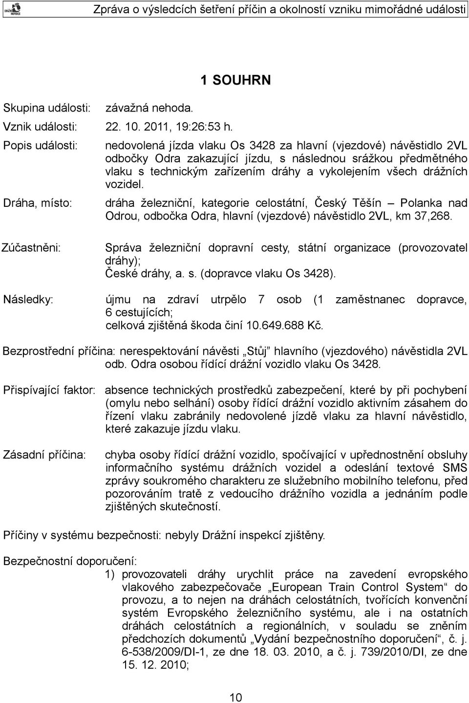 dráhy a vykolejením všech drážních vozidel. dráha železniční, kategorie celostátní, Český Těšín Polanka nad Odrou, odbočka Odra, hlavní (vjezdové) návěstidlo 2VL, km 37,268.