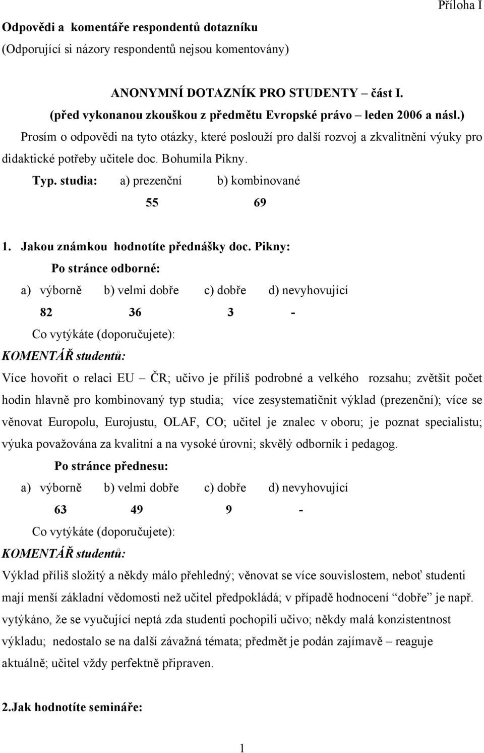 Bohumila Pikny. Typ. studia: a) prezenční b) kombinované 55 69 1. Jakou známkou hodnotíte přednášky doc.