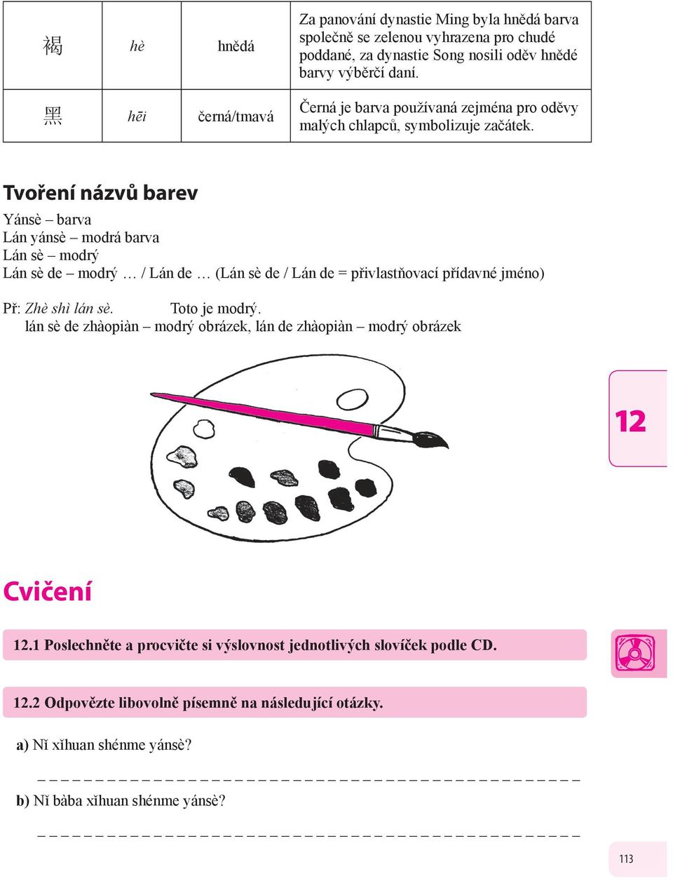 Tvoření názvů barev Yánsè barva Lán yánsè modrá barva Lán sè modrý Lán sè de modrý / Lán de (Lán sè de / Lán de = přivlastňovací přídavné jméno) Př: Zhè shì lán sè.