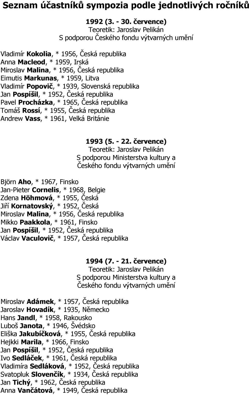 Markunas, * 1959, Litva Vladimír Popovič, * 1939, Slovenská republika Jan Pospíšil, * 1952, Česká republika Pavel Procházka, * 1965, Česká republika Tomáš Rossí, * 1955, Česká republika Andrew Vass,