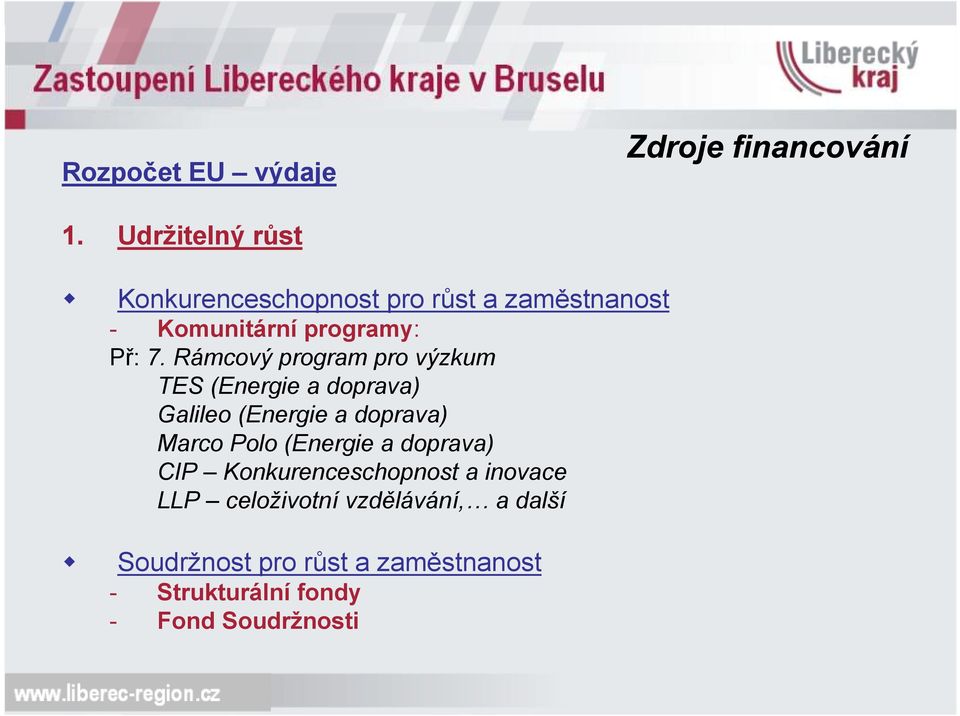 Rámcový program pro výzkum TES (Energie a doprava) Galileo (Energie a doprava) Marco Polo